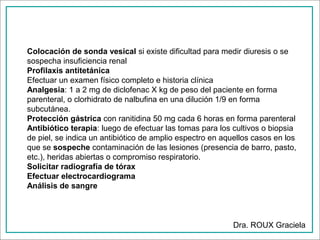 Colocación de sonda vesical si existe dificultad para medir diuresis o se
sospecha insuficiencia renal
Profilaxis antitetánica
Efectuar un examen físico completo e historia clínica
Analgesia: 1 a 2 mg de diclofenac X kg de peso del paciente en forma
parenteral, o clorhidrato de nalbufina en una dilución 1/9 en forma
subcutánea.
Protección gástrica con ranitidina 50 mg cada 6 horas en forma parenteral
Antibiótico terapia: luego de efectuar las tomas para los cultivos o biopsia
de piel, se indica un antibiótico de amplio espectro en aquellos casos en los
que se sospeche contaminación de las lesiones (presencia de barro, pasto,
etc.), heridas abiertas o compromiso respiratorio.
Solicitar radiografía de tórax
Efectuar electrocardiograma
Análisis de sangre

Dra. ROUX Graciela

 