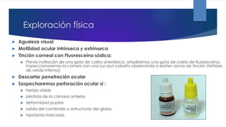 Exploración física
 Agudeza visual
 Motilidad ocular intrínseca y extrínseca
 Tinción corneal con Fluoresceína sódica:
 Previa instilación de una gota de colirio anestésico, añadiremos una gota de colirio de fluoresceína,
inspeccionaremos la cornea con una luz azul cobalto observando si existen zonas de tinción (teñidas
de verde intenso)
 Descartar penetración ocular
 Sospecharemos perforación ocular si :
 herida visible
 pérdida de la cámara anterior
 deformidad pupilar
 salida del contenido o estructuras del globo
 hipotonía marcada.
 