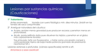 Lesiones por sustancias químicas
(Causticaciones)
1º Tratamiento:
Antes anamnesis lavado con suero fisiológico mín. diez minutos (insistir en los
fondos de saco conjuntivales
2º Averiguar naturaleza del cáustico:
 Ácidos, revisten menos gravedad pues producen escaras y penetran menos en
profundidad,
 Álcalis producen más daño pues disuelven los tejidos y penetran en el globo
más copiosamente lavados
Tras el lavado: teñir con fluoresceína , y tratar como una erosión corneal +
corticoesteroide tópico de baja-media potencia (pomada de prednisona-
neomicina/12h )
Lesiones extensas o profundas (córnea opacificada) remitir a oft.
Amoniaco o sosa caústica!!
 