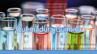 DRA. MARILYN MÉNDEZ CANUL
RESIDENTE DE 2° GRADO DE URGENCIAS MÉDICO QUIRÚRGICAS
INSTITUTO MEXICANO DEL SEGURO SOCIAL
CENTRO MÉDICO DEL OCCIDENTE
UNIDAD INTENSIVA DE QUEMADOS
 