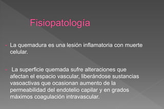 • La quemadura es una lesión inflamatoria con muerte
celular.
• La superficie quemada sufre alteraciones que
afectan el espacio vascular, liberándose sustancias
vasoactivas que ocasionan aumento de la
permeabilidad del endotelio capilar y en grados
máximos coagulación intravascular.
 