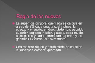  La superficie corporal quemada se calcula en
áreas de 9% cada una, la cual incluye: la
cabeza y el cuello, el tórax, abdomen, espalda
superior, espalda inferior, glúteos, cada muslo,
cada pierna y cada extremidad superior. y los
genitales externos, el 1% restante.
 Una manera rápida y aproximada de calcular
la superficie corporal quemada.
 