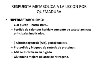 RESPUESTA METABOLICA A LA LESION POR
             QUEMADURA
• HIPERMETABOLISMO:
  – CER puede ↑ hasta 100%.
  – Perdida de calor por herida y aumento de catecolaminas:
    principales implicados.

  –   ↑ Gluconeogenesis (Ala), glucogenolisis.
  –   Proteolisis y bloqueo de síntesis de proteínas.
  –   AGL se esterifican en hígado
  –   Glutamina mejora Balance de Nitrógeno.
 