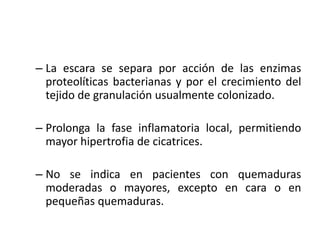 – La escara se separa por acción de las enzimas
  proteolíticas bacterianas y por el crecimiento del
  tejido de granulación usualmente colonizado.

– Prolonga la fase inflamatoria local, permitiendo
  mayor hipertrofia de cicatrices.

– No se indica en pacientes con quemaduras
  moderadas o mayores, excepto en cara o en
  pequeñas quemaduras.
 