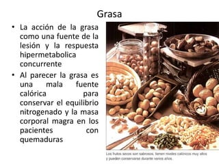 Grasa
• La acción de la grasa
  como una fuente de la
  lesión y la respuesta
  hipermetabolica
  concurrente
• Al parecer la grasa es
  una     mala    fuente
  calórica          para
  conservar el equilibrio
  nitrogenado y la masa
  corporal magra en los
  pacientes          con
  quemaduras
 