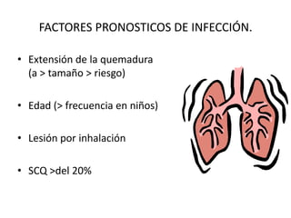 FACTORES PRONOSTICOS DE INFECCIÓN.

• Extensión de la quemadura
  (a > tamaño > riesgo)

• Edad (> frecuencia en niños)

• Lesión por inhalación

• SCQ >del 20%
 