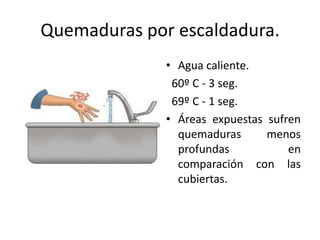Quemaduras por escaldadura.
              • Agua caliente.
               60º C - 3 seg.
               69º C - 1 seg.
              • Áreas expuestas sufren
                quemaduras      menos
                profundas           en
                comparación con las
                cubiertas.
 