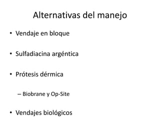 Alternativas del manejo
• Vendaje en bloque

• Sulfadiacina argéntica

• Prótesis dérmica

  – Biobrane y Op-Site


• Vendajes biológicos
 