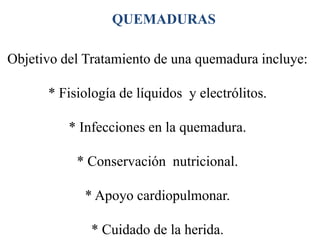 QUEMADURAS

Objetivo del Tratamiento de una quemadura incluye:

      * Fisiología de líquidos y electrólitos.

          * Infecciones en la quemadura.

           * Conservación nutricional.

            * Apoyo cardiopulmonar.

             * Cuidado de la herida.
 