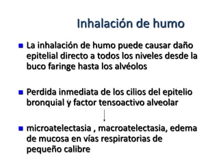Inhalación de humo
   La inhalación de humo puede causar daño
    epitelial directo a todos los niveles desde la
    buco faringe hasta los alvéolos

   Perdida inmediata de los cilios del epitelio
    bronquial y factor tensoactivo alveolar

   microatelectasia , macroatelectasia, edema
    de mucosa en vías respiratorias de
    pequeño calibre
 