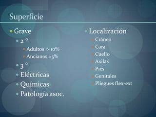 Superficie
 Grave                Localización
  2                     Cráneo
                         Cara
     Adultos > 10%
                         Cuello
     Ancianos >5%
                         Axilas
  3
                         Pies
   Eléctricas           Genitales
   Químicas             Pliegues flex-ext

   Patología asoc.
 