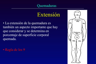 Extensión La extensión de la quemadura es también un aspecto importante que hay que considerar y se determina en porcentaje de superficie corporal quemada.   Regla de los 9 