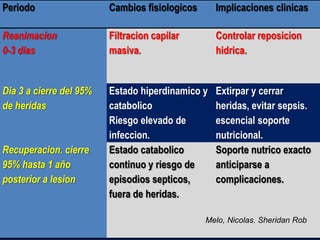 8/25/2013 23
Periodo Cambios fisiologicos Implicaciones clinicas
Reanimacion
0-3 dias
Filtracion capilar
masiva.
Controlar reposicion
hidrica.
Dia 3 a cierre del 95%
de heridas
Estado hiperdinamico y
catabolico
Riesgo elevado de
infeccion.
Extirpar y cerrar
heridas, evitar sepsis.
escencial soporte
nutricional.
Recuperacion. cierre
95% hasta 1 año
posterior a lesion
Estado catabolico
continuo y riesgo de
episodios septicos,
fuera de heridas.
Soporte nutrico exacto
anticiparse a
complicaciones.
Melo, Nicolas. Sheridan Rob
 