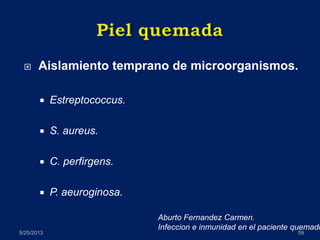  Aislamiento temprano de microorganismos.
 Estreptococcus.
 S. aureus.
 C. perfirgens.
 P. aeuroginosa.
8/25/2013 59
Aburto Fernandez Carmen.
Infeccion e inmunidad en el paciente quemado
 