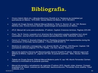  Orozco-Valerio Maria de J. Miranda-Altamirano Rodolfo et al. Tendencia de mortalidad por
quemaduras en México, 1979-2009. Gaceta Médica de México. 2012;148:349-5
 Tratado de Cirugia General. Editorial Manual Moderno. Parte VI, Seccion 30. cap 144. Romero
Martinez Jose. Corona Corona Salvador. Epidemiologia de Quemaduras en Mexico.
 ATLS. Manual del curso para estudiantes. 8ª edicion. Capitulo 9 lesiones termicas. Paginas 225-240.
 Pham, Tan N. Cancio, Leopoldo et al. American Burn Association practice guidelines burn shock
resuscitation. Journal of burn care and research january/february 2008. Volume29, number 1.
 Cancio LC, Chavez S, Alvarado-Ortega M et al. Predicting increased fluid requierimentos during the
resuscitacion of thermally injured patients J Trauma 2004;56:404-13.
 Medicina de urgencias y emergencias. Luis Jimenez Murillo. 4ª edicion. Edit Elsevier. Capitulo 138.
quemaduras termicas paginas 774-778. Padilla, J de Haro. Muñoz, Triano et al.
 Manual de medicina intensiva del Massachusetts General Hospital 5ª edicion. Editorial Lippuncott
Williams & Wilkins. Capitulo 37. paginas 551-565. El paciente quemado. Melo, Nicolas. Sheridan
Rob.
 Tratado de Cirugia General. Editorial Manual Moderno parte VI, cap 149. Aburto Fernandez Carmen.
Infeccion e inmunidad en el paciente quemado.
 Manual de procotlos y actualizacion de urgencias 3ª edicion 2010. Agustin Julian Jimenez. Compejo
hospitalario de Toledo. Lesiones por electricidad, electroconduccion. Fernandez Soria Josefina. Casal
Codesido, et al.
8/25/2013 66
 