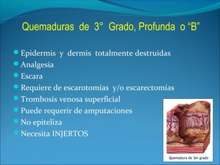 Quemaduras de 3° Grado, Profunda o “B”
Epidermis y dermis totalmente destruidas
Analgesia
Escara
Requiere de escarotomías y/o escarectomías
Trombosis venosa superficial
Puede requerir de amputaciones
No epiteliza
Necesita INJERTOS

 