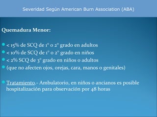   

Severidad Según American Burn Association (ABA)

Quemadura Menor:
< 15% de SCQ de 1° o 2° grado en adultos
< 10% de SCQ de 1° o 2° grado en niños
< 2% SCQ de 3° grado en niños o adultos
(que no afecten ojos, orejas, cara, manos o genitales)
Tratamiento.- Ambulatorio, en niños o ancianos es posible

hospitalización para observación por 48 horas

 