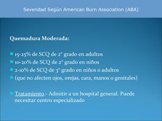 Severidad Según American Burn Association (ABA)

Quemadura Moderada:
15-25% de SCQ de 2° grado en adultos
10-20% de SCQ de 2° grado en niños
2-10% de SCQ de 3° grado en niños o adultos
(que no afecten ojos, orejas, cara, manos o genitales)
Tratamiento.- Admitir a un hospital general. Puede

necesitar centro especializado

 

 
