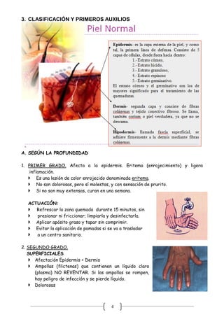 4
3. CLASIFICACIÓN Y PRIMEROS AUXILIOS
A. SEGÚN LA PROFUNDIDAD
1. PRIMER GRADO. Afecta a la epidermis. Eritema (enrojecimiento) y ligera
inflamación.
 Es una lesión de color enrojecido denominada eritema.
 No son dolorosas, pero sí molestas, y con sensación de prurito.
 Si no son muy extensas, curan en una semana.
ACTUACIÓN:
 Refrescar la zona quemada durante 15 minutos, sin
 presionar ni friccionar; limpiarla y desinfectarla.
 Aplicar apósito graso y tapar sin comprimir.
 Evitar la aplicación de pomadas si se va a trasladar
 a un centro sanitario.
2. SEGUNDO GRADO.
SUPERFICIALES
 Afectación Epidermis + Dermis
 Ampollas (flictenas) que contienen un líquido claro
(plasma) NO REVENTAR. Si las ampollas se rompen,
hay peligro de infección y se pierde líquido.
 Dolorosas
 