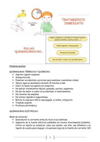 6
Primeros auxilios
QUEMADURAS TÉRMICAS Y QUÍMICAS:
 Suprimir agente causante.
 Autoprotección.
 Examinar accidentado y priorizar para mantener constantes vitales.
 Aplicar agua en abundancia durante 15 minutos o más.
 Cubrir la lesión con apósito sin comprimir.
 No aplicar tratamientos tópicos: pomadas, aceites, ungüentos.
 No dar de beber ni comer al accidentado, ni medicamentos.
 No reventar las ampollas.
 No utilizar algodón ni esparadrapo.
 Retirar la ropa pero NO la ropa pegada, si anillos, relojes,etc.
 Traslado urgente.
 Profilaxis antitetánica.
QUEMADURAS ELÉCTRICAS:
Modo de actuación:
 Desconectar la corriente antes de tocar al accidentado.
 Separarlo de la fuente eléctrica aislándolo sin tocarlo directamente (aislante).
Utilice un objeto no conductor como una escoba, una silla, una alfombra o un
tapete de caucho para empujar a la persona lejos de la fuente de corriente. NO
 