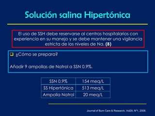 Solución salina Hipertónica
 ¿Cómo se prepara?
Añadir 9 ampollas de Natrol a SSN 0.9%.
El uso de SSH debe reservarse al centros hospitalarios con
experiencia en su manejo y se debe mantener una vigilancia
estricta de los niveles de Na. (B)
Journal of Burn Care & Research, Vol29, Nº1, 2008.
SSN 0.9% 154 meq/L
SS Hipertónica 513 meq/L
Ampolla Natrol 20 meq/L
 