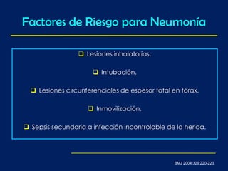 Factores de Riesgo para Neumonía
 Lesiones inhalatorias.
 Intubación.
 Lesiones circunferenciales de espesor total en tórax.
 Inmovilización.
 Sepsis secundaria a infección incontrolable de la herida.
BMJ 2004;329;220-223.
 