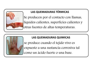 LAS QUEMADURAS TÉRMICAS 
Se producen por el contacto con llamas, 
líquidos calientes, superficies calientes y 
otras fuentes de altas temperaturas. 
LAS QUEMADURAS QUIMICAS 
se produce cuando el tejido vivo es 
expuesto a una sustancia corrosiva tal 
como un ácido fuerte o una base. 
 