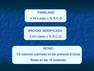 BROOKE MODIFICADA
2 ml x peso x % S.C.Q
PARKLAND
4 ml x peso x % S.C.Q
RITMO
1/2 volúmen estimado en las primeras 8 horas
Resto en las 16 restantes
 