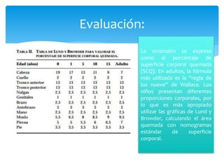 Evaluación:
La extensión se expresa
como el porcentaje de
superficie corporal quemada
(SCQ). En adultos, la fórmula
más utilizada es la “regla de
los nueve” de Wallace. Los
niños presentan diferentes
proporciones corporales, por
lo que es más apropiado
utilizar las gráficas de Lund y
Browder, calculando el área
quemada con nomogramas
estándar de superficie
corporal.
 