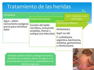 Tratamiento de las heridas
Limpieza
Agua + jabón.
Conveniente analgesia
previa para minimizar
dolor
Desbridamiento
Escisión del tejido
necrótico, incluyendo
ampollas. Drenar y
extirpar (no infección)
Quimioprofilaxis
Antitetanica
Supf: no atb
F: sulfadiazina
argentica, bacitracina,
nistatina, gentamicina
y nitrofurazona
Sulf + nistatina = actv
antifungica
Vendajes: alivian el dolor, protegen la herida y
absorben los exudados; deben ser ligeros y no
excesivamente compresivos, adaptándose a las
distintas regiones.
 