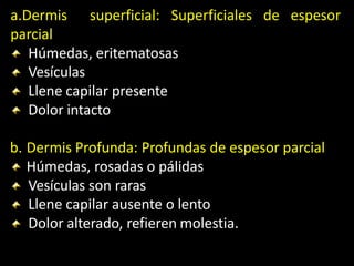 de espesor
a.Dermis superficial: Superficiales
parcial
Húmedas, eritematosas
Vesículas
Llene capilar presente
Dolor intacto
b. Dermis Profunda: Profundas de espesor parcial
Húmedas, rosadas o pálidas
Vesículas son raras
Llene capilar ausente o lento
Dolor alterado, refieren molestia.
 