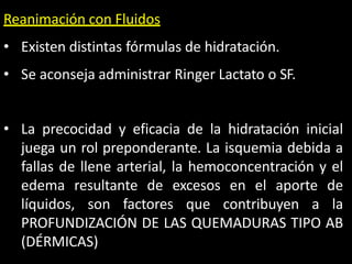 Reanimación con Fluidos
• Existen distintas fórmulas de hidratación.
• Se aconseja administrar Ringer Lactato o SF.
• La precocidad y eficacia de la hidratación inicial
juega un rol preponderante. La isquemia debida a
fallas de llene arterial, la hemoconcentración y el
edema resultante de excesos en el aporte de
líquidos, son factores que contribuyen a la
PROFUNDIZACIÓN DE LAS QUEMADURAS TIPO AB
(DÉRMICAS)
 