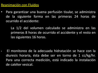 Reanimación con Fluidos
• Para garantizar una buena perfusión tisular, se administra
de la siguiente forma en las primeras 24 horas de
ocurrido el accidente:
La 1/2 del volumen calculado se administra en las
primeras 8 horas de ocurrido el accidente y el resto en
las siguientes 16 horas.
• El monitoreo de la adecuada hidratación se hace con la
diuresis horaria, ésta debe ser en torno de 1 cc/kg/hr.
Para una correcta medición, está indicado la instalación
de catéter vesical.
 