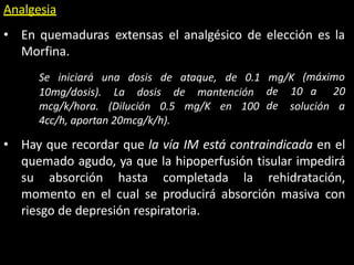 Analgesia
• En quemaduras extensas el analgésico de elección es la
Morfina.
Se iniciará una dosis de ataque, de 0.1 mg/K
10mg/dosis). La dosis de mantención
mcg/k/hora. (Dilución 0.5 mg/K en 100
(máximo
de 10 a 20
de solución a
4cc/h, aportan 20mcg/k/h).
• Hay que recordar que la vía IM está contraindicada en el
quemado agudo, ya que la hipoperfusión tisular impedirá
su absorción hasta completada la rehidratación,
momento en el cual se producirá absorción masiva con
riesgo de depresión respiratoria.
 