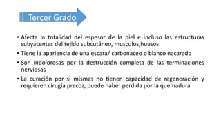 Tercer Grado
• Afecta la totalidad del espesor de la piel e incluso las estructuras
subyacentes del tejido subcutáneo, musculos,huesos
• Tiene la apariencia de una escara/ carbonaceo o blanco nacarado
• Son indolorosas por la destrucción completa de las terminaciones
nerviosas
• La curación por si mismas no tienen capacidad de regeneración y
requieren cirugía precoz, puede haber perdida por la quemadura
 