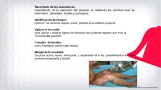 Tratamiento de las quemaduras:
Dependiendo de la valoración del paciente se realizaran los distintos tipos de
tratamiento; generales, locales y quirúrgicos.
Identificación de riesgos:
Infección de la herida, sepsis, shock, pérdida de la estética corporal.
Vigilancia de la piel:
para valorar o evaluar signos de infección que pudieran agravar aun más la
condición del paciente.
Curación de heridas:
suero fisiológico, suero ringer lactato.
Manejo de la ansiedad:
Escucha activa, apoyo emocional, y explicando el o los procedimientos en todo
momento al paciente y familia.
 