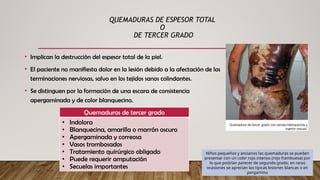 QUEMADURAS DE ESPESOR TOTAL
O
DE TERCER GRADO
• Implican la destrucción del espesor total de la piel.
• El paciente no manifiesta dolor en la lesión debido a la afectación de las
terminaciones nerviosas, salvo en los tejidos sanos colindantes.
• Se distinguen por la formación de una escara de consistencia
apergaminada y de color blanquecino.
Quemaduras de tercer grado
• Indolora
• Blanquecina, amarilla o marrón oscuro
• Apergaminada y correosa
• Vasos trombosados
• Tratamiento quirúrgico obligado
• Puede requerir amputación
• Secuelas importantes
Niños pequeños y ancianos las quemaduras se pueden
presentar con un color rojo intenso (rojo frambuesa) por
lo que podrían parecer de segundo grado; en raras
ocasiones se aprecian las típicas lesiones blancas o en
pergamino
 