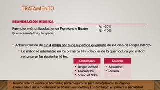 REANIMACIÓN HIDRICA
Formulas más utilizadas, las de Parkland o Baxter
Quemaduras de 2do y 3er grado
• Administración de 3 a 4 ml/kg por % de superficie quemada de solución de Ringer lactato
• La mitad se administra en las primeras 8 hrs despues de la quemadura y la mitad
restante en las siguientes 16 hrs.
TRATAMIENTO
 Presión arterial media de 60 mmHg para asegurar la perfusión óptima a los órganos
 Diuresis ideal debe mantenerse en 30 ml/h en adultos y 1 a 1.5 ml/kg/h en pacientes pediátricos.
A: >20%
N: >10%
Cristaloides
• Ringer lactado
• Glucosa 5%
• Salina al 0.9%
Coloides
• Albumina
• Plasma
 