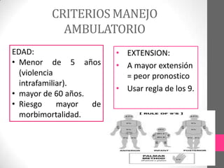 CRITERIOS MANEJO
           AMBULATORIO
EDAD:                    • EXTENSION:
• Menor de 5 años        • A mayor extensión
  (violencia               = peor pronostico
  intrafamiliar).
                         • Usar regla de los 9.
• mayor de 60 años.
• Riesgo     mayor  de
  morbimortalidad.
 
