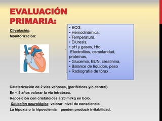 EVALUACIÓN
PRIMARIA:
                                   • ECG,
Circulación:
                                   • Hemodinámica,
Monitorización:                    • Temperatura,
                                   • Diuresis,
                                   • pH y gases, Hto
                                    Electrolitos, osmolaridad,
                                   proteínas,
                                   • Glucemia, BUN, creatinina,
                                   • Balance de líquidos, peso
                                   • Radiografía de tórax .


Cateterización de 2 vías venosas, (periféricas y/o central)
En < 5 años valorar la vía intraósea.
Reposición con cristaloides a 20 ml/kg en bolo.
Situación neurológica: valorar nivel de consciencia.
La hipoxia o la hipovolemia   pueden producir irritabilidad.
 