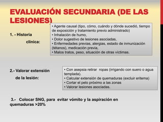 EVALUACIÓN SECUNDARIA (DE LAS
LESIONES)
                        • Agente causal (tipo, cómo, cuándo y dónde sucedió, tiempo
                        de exposición y tratamiento previo administrado)
1. - Historia           • Inhalación de humo,
                        • Dolor sugestivo de lesiones asociadas,
         clínica:       • Enfermedades previas, alergias, estado de inmunización
                        (tétanos), medicación previa,
                        • Malos tratos, peso, situación de otras víctimas.




2.- Valorar extensión          • Con asepsia retirar ropas (irrigando con suero o agua
                               templada).
   de la lesión:               • Calcular extensión de quemaduras (excluir eritema)
                               • Cortar el pelo próximo a las zonas
                               • Valorar lesiones asociadas.


3.- Colocar SNG, para evitar vómito y la aspiración en
quemaduras >20%
 