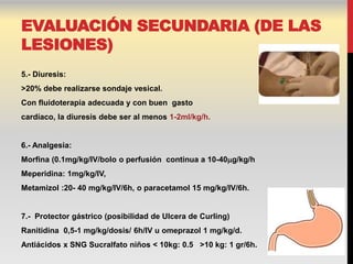 EVALUACIÓN SECUNDARIA (DE LAS
LESIONES)
5.- Diuresis:
>20% debe realizarse sondaje vesical.
Con fluidoterapia adecuada y con buen gasto
cardíaco, la diuresis debe ser al menos 1-2ml/kg/h.


6.- Analgesia:
Morfina (0.1mg/kg/IV/bolo o perfusión continua a 10-40g/kg/h
Meperidina: 1mg/kg/IV,
Metamizol :20- 40 mg/kg/IV/6h, o paracetamol 15 mg/kg/IV/6h.


7.- Protector gástrico (posibilidad de Ulcera de Curling)
Ranitidina 0,5-1 mg/kg/dosis/ 6h/IV u omeprazol 1 mg/kg/d.
Antiácidos x SNG Sucralfato niños < 10kg: 0.5 >10 kg: 1 gr/6h.
 