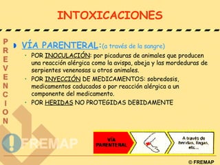 INTOXICACIONES VÍA PARENTERAL : (a través de la sangre) POR  INOCULACIÓN : por picaduras de animales que producen una reacción alérgica como la avispa, abeja y las mordeduras de serpientes venenosas u otros animales. POR  INYECCIÓN  DE MEDICAMENTOS: sobredosis, medicamentos caducados o por reacción alérgica a un componente del medicamento. POR  HERIDAS  NO PROTEGIDAS DEBIDAMENTE 