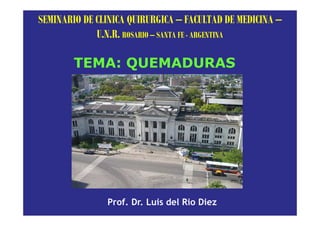 SEMINARIO DE CLINICA QUIRURGICA – FACULTAD DE MEDICINA –
             U.N.R. ROSARIO – SANTA FE - ARGENTINA

        TEMA: QUEMADURAS




               Prof. Dr. Luis del Rio Diez
 
