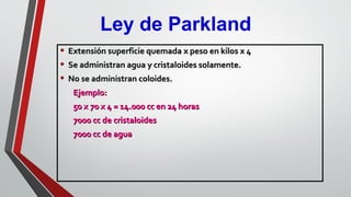 • Extensión superficie quemada x peso en kilos x 4Extensión superficie quemada x peso en kilos x 4
• Se administran agua y cristaloides solamente.Se administran agua y cristaloides solamente.
• No se administran coloides.No se administran coloides.
Ejemplo:Ejemplo:
50 x 70 x 450 x 70 x 4 = 14.000 cc en 24 horas= 14.000 cc en 24 horas
7000 cc de cristaloides7000 cc de cristaloides
7000 cc de agua7000 cc de agua
Ley de Parkland
 