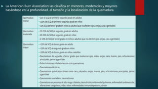  La American Burn Association las clasifica en menores, moderadas y mayores
basándose en la profundidad, el tamaño y la localización de la quemadura.
 