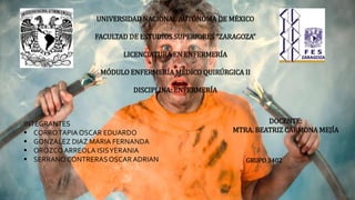 UNIVERSIDAD NACIONAL AUTÓNOMA DE MÉXICO
FACULTAD DE ESTUDIOS SUPERIORES “ZARAGOZA”
LICENCIATURA EN ENFERMERÍA
MÓDULO ENFERMERÍA MÉDICO QUIRÚRGICA II
DISCIPLINA: ENFERMERÍA
INTEGRANTES
 CORROTAPIA OSCAR EDUARDO
 GONZALEZ DIAZ MARIA FERNANDA
 OROZCOARREOLA ISISYERANIA
 SERRANO CONTRERASOSCAR ADRIAN
DOCENTE:
MTRA. BEATRIZ CARMONA MEJÍA
GRUPO 3402
 