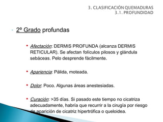 -   2º Grado profundas

        Afectación: DERMIS PROFUNDA (alcanza DERMIS
         RETICULAR). Se afectan folículos pilosos y glándula
         sebáceas. Pelo desprende fácilmente.

        Apariencia: Pálida, moteada.


        Dolor: Poco. Algunas áreas anestesiadas.


        Curación: >35 días. Si pasado este tiempo no cicatriza
         adecuadamente, habría que recurrir a la cirugía por riesgo
         de aparición de cicatriz hipertrófica o queloidea.
 