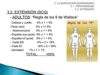 3.2. EXTENSIÓN (SCQ)
  - ADULTOS: “Regla de los 9 de Wallace”
 - Cabeza y cuello:    9% x 1 = 9%
 -Tórax (ant)         9% x 1= 9%
 - Abdomen(ant)       9% x 1 = 9%
 - Espalda sup (post) 9% x 1 = 9%
 - Espalda inf (post) 9% x 1 = 9%
 - Cada ES:            9% x 2 = 18%
 - Cada EI:            18% x 2 = 36%
 - Genitales:    1% x 1 = 1%
             TOTAL:         100%
 