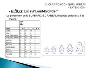 - NIÑOS: Escala“Lund-Browder”
La proporción de la SUPERFICIE CRANEAL respecto de los MMII es
  mayor.
 